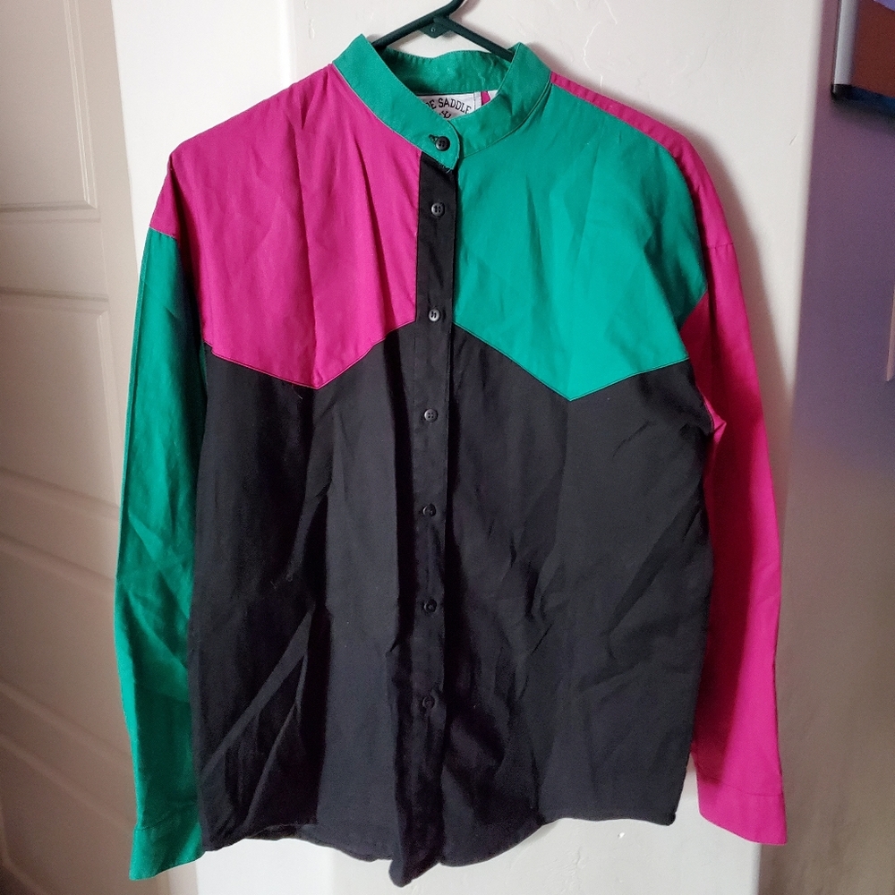 Colorblock Button-Up Top in Pink, Green & Black